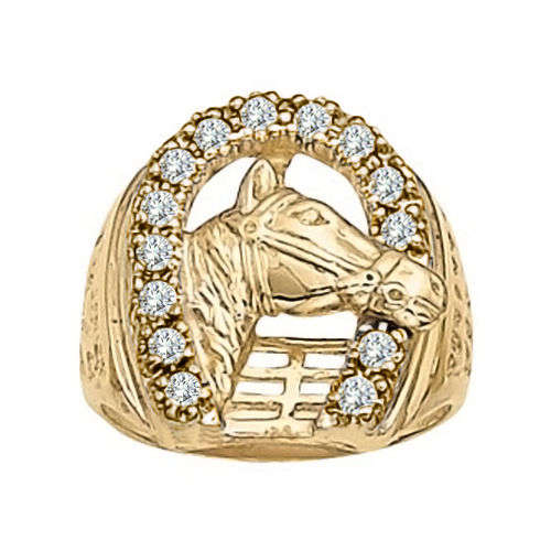 9ct GOLD 14 DIAMOND .25CT INCRUSTED HORSE INSIDE A HORSE SHOE MENS RING SIZE S. R8500 - R9500