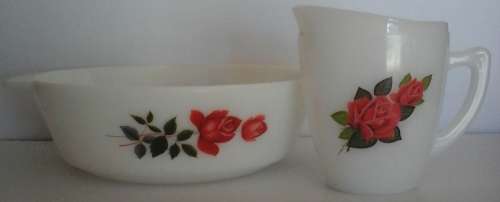 1 LOT OF 2. VINTAGE WHITE CASSEROLE MILK GLASS DISH AND MILK JUG  WITH RED ROSE DESIGN