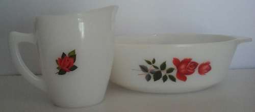 1 LOT OF 2. VINTAGE WHITE CASSEROLE MILK GLASS DISH AND MILK JUG  WITH RED ROSE DESIGN