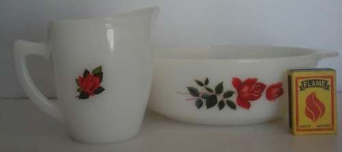 1 LOT OF 2. VINTAGE WHITE CASSEROLE MILK GLASS DISH AND MILK JUG  WITH RED ROSE DESIGN