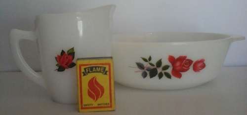 1 LOT OF 2. VINTAGE WHITE CASSEROLE MILK GLASS DISH AND MILK JUG  WITH RED ROSE DESIGN