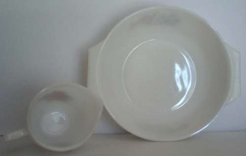 1 LOT OF 2. VINTAGE WHITE CASSEROLE MILK GLASS DISH AND MILK JUG  WITH RED ROSE DESIGN