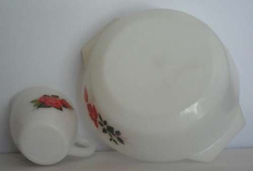 1 LOT OF 2. VINTAGE WHITE CASSEROLE MILK GLASS DISH AND MILK JUG  WITH RED ROSE DESIGN