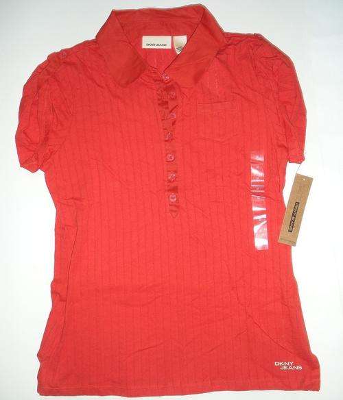 NWT DKNY JEANS Shirt Womens M Medium Short Sleeve Red Polo Collar NEW
