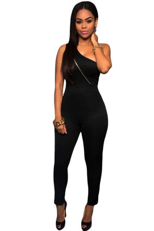 SEXY SINGLE SHOULDER GOLD ZIPPER DETAIL JUMPSUIT