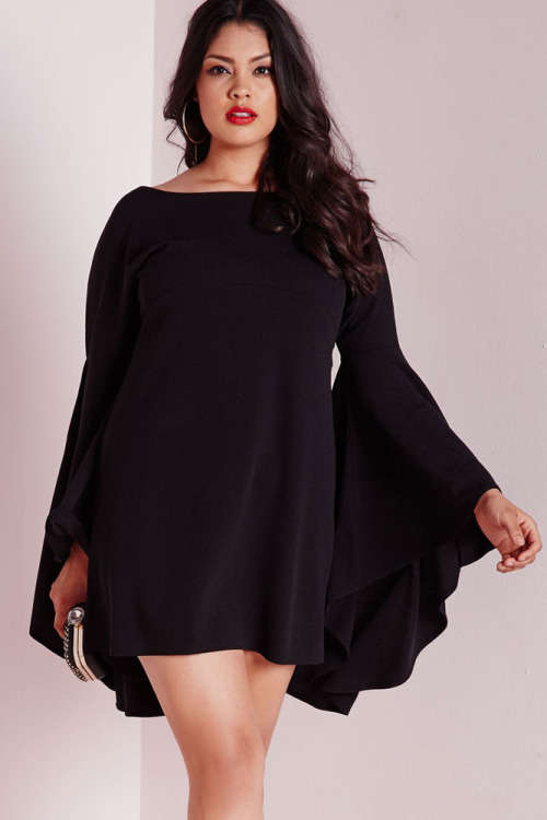 Plus Size Womens Black Flared Sleeve Short Evening Party Dress