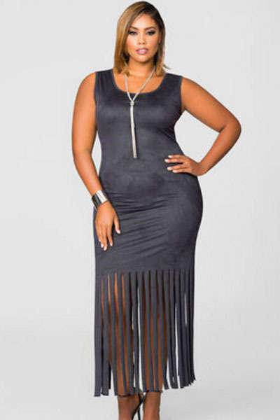 **PLUS SIZE** SEXY SUEDE FEEL FRINGE DETAIL DRESS