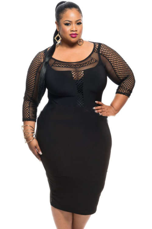 **PLUS SIZE** TRENDY FISH NET DETAIL LONG SLEEVE DRESS