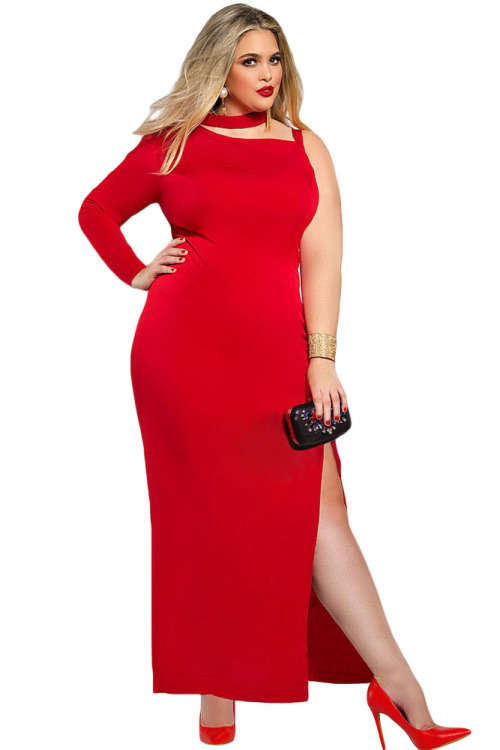 **PLUS SIZE** SEXY SINGLE SLEEVE HIGH SLIT MAXI DRESS