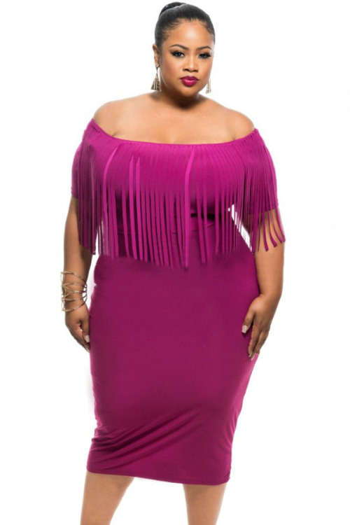 **PLUS SIZE** SEXY SOLID COLOUR FRINGE TOP DETAIL DRESS