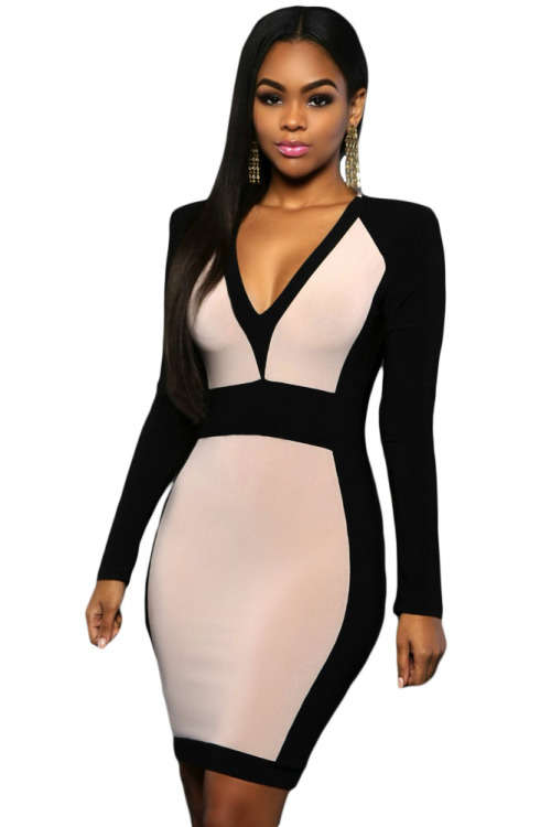 STYLISH COLOUR BLOCK DESIGN LONG SLEEVE MIDI DRESS