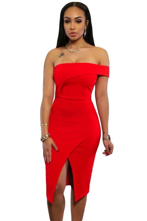 HOT RED OFF SHOULDER DESIGN MIDI DRESS