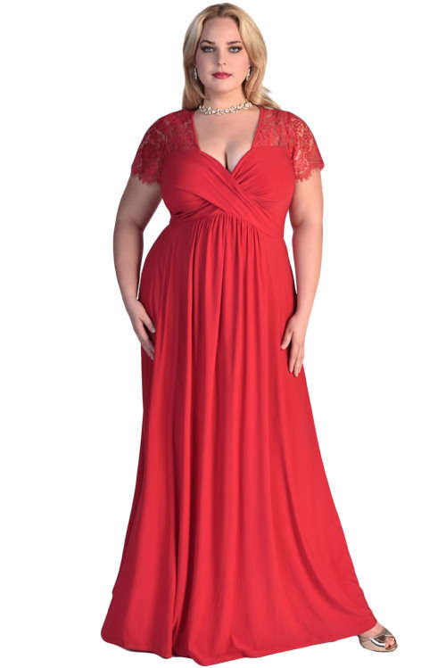 **PLUS SIZE** ELEGANT RED WITH LACE DETAILING EVENING GOWN