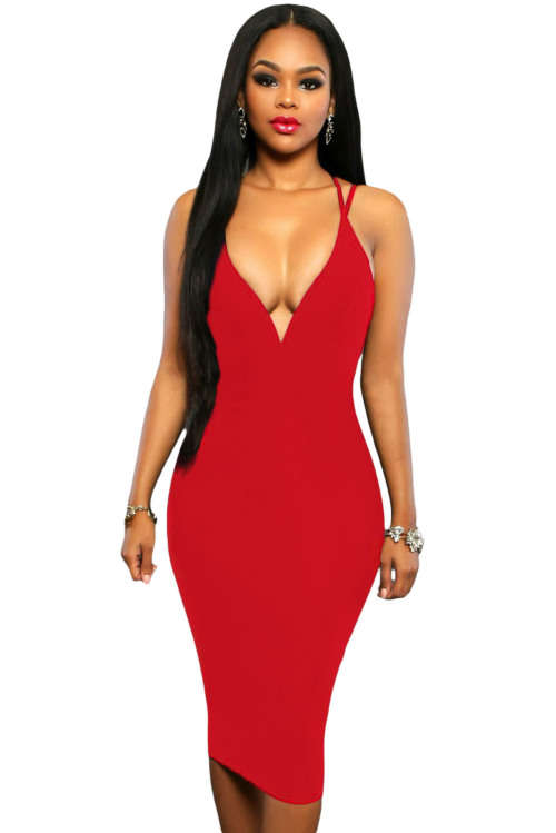 Womens Red Low Cut V Neck Sleeveless Strappy Cross Over Midi Knee Length Sexy Summer Party Dress