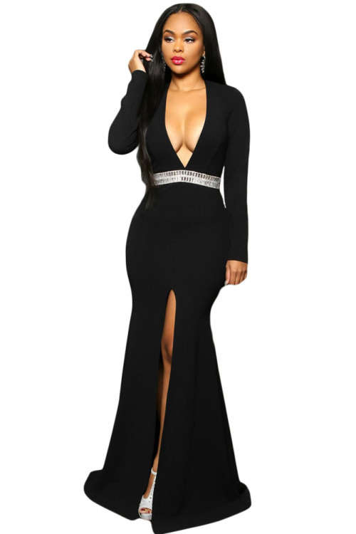 STUNNING EMBELLISHED WAIST DETAIL FRONT SLIT MAXI DRESS