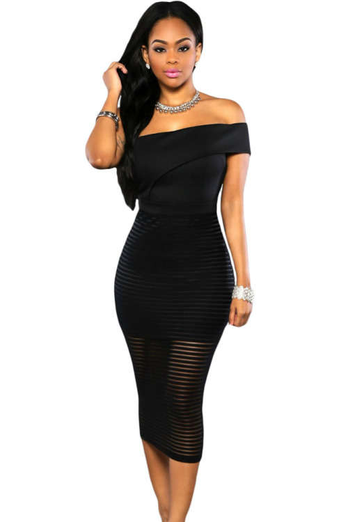 Womens Black Off the Shoulder Midi Knee Length Exposed Zipper Sheer Evening Party Summer Dress