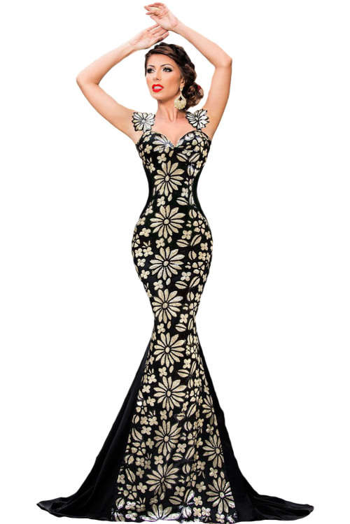 GORGEOUS GOLD SEQUIN FLOWER DETAIL EVENING GOWN