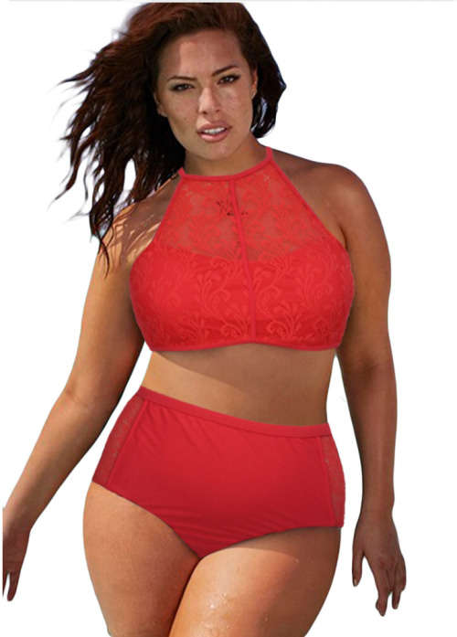 **PLUS SIZE** PRETTY PATTERNED MESH INSERT DETAIL HIGH WAIST BIKINI