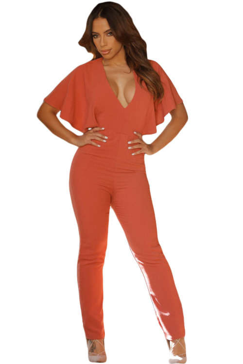 STYLISH FRILL CAPE SLEEVE OPEN BACK JUMPSUIT