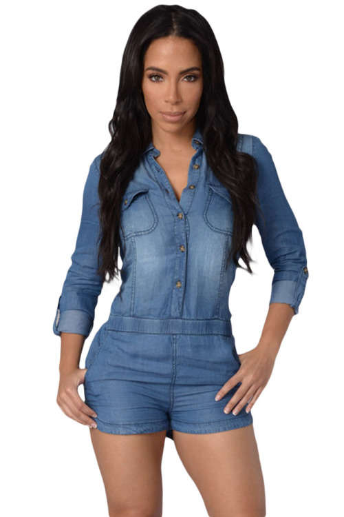 TRENDY SHIRT STYLE DENIM ROMPER