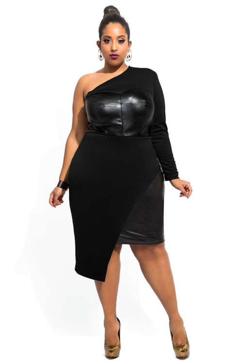 **PLUS SIZE** SEXY SINGLE SLEEVE LEATHER LOOK BUST AND SIDE DETAIL DRESS