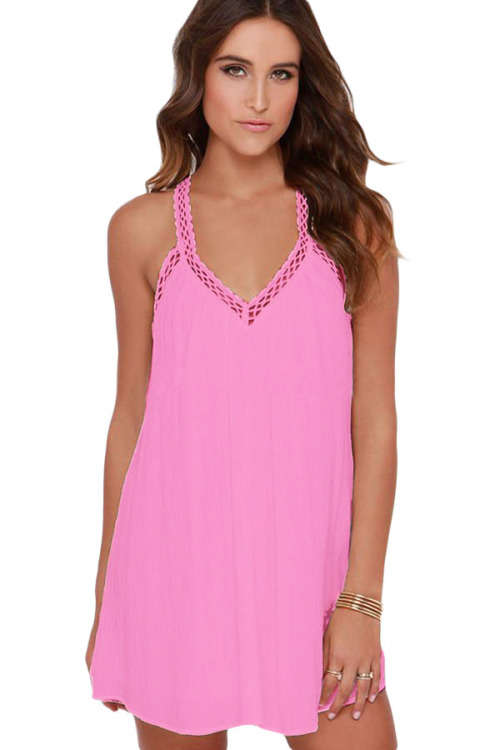 *Local Stock* Womens Pretty Pink Crochet Trim Detail Strappy Summer Beach Short Dress
