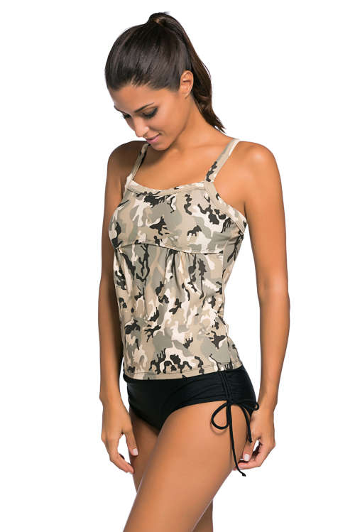 Camo Top Black Bottom Padded Two Piece Tankini Bikini Swimsuit Costume Beachwear Small to Plus Size