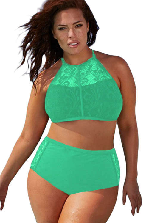 Plus Size Patterned Mesh High Waist Removable Padding Bikini Swimsuit Costume Beachwear