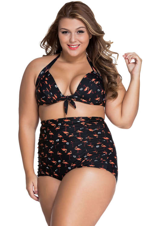 Plus Size High Waist Flamingo Print 2 Piece Bikini Retro Padded Swimsuit Swimwear Costume Beachwear
