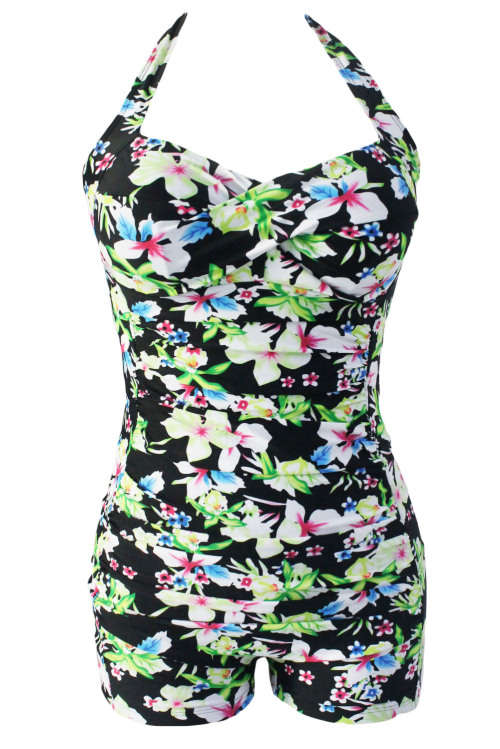 Floral Print Vintage 1 Piece Sheath Swimsuit Removable Padding Costume Swimwear Beachwear