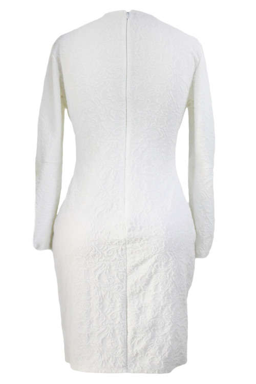White Lattice & Floral Texture Long Sleeve Mini Dress Formal Cocktail Party Evening Wear