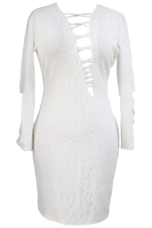 White Lattice & Floral Texture Long Sleeve Mini Dress Formal Cocktail Party Evening Wear