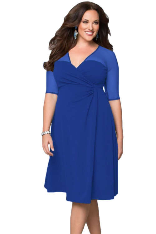 Blue Plus Size Mid Calf Dress Mesh Half Sleeves Formal Cocktail Party Evening Wear