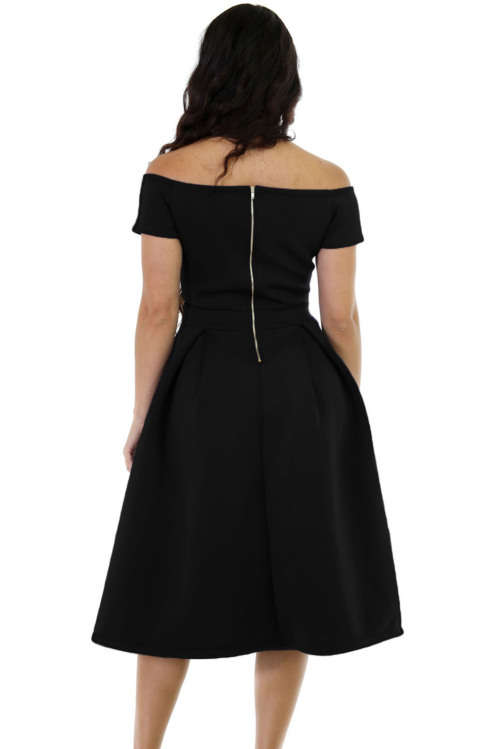 Black Flared Off Shoulder Vintage Midi Dress Formal Cocktail Party Night Club Evening Wear