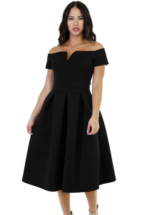 Black Flared Off Shoulder Vintage Midi Dress Formal Cocktail Party Night Club Evening Wear
