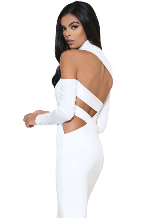 White High Neck Single Open Shoulder Midi Dress Formal Cocktail Party Night Club Evening Wear