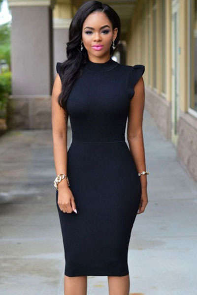BEAUTIFUL BLACK RUFFLE SLEEVE DETAIL MIDI DRESS