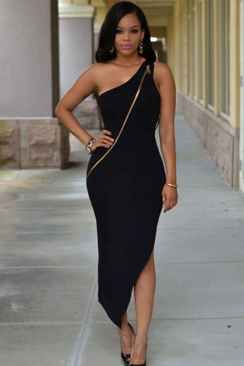 SEXY SINGLE SHOULDER ZIP DETAIL ASYMMETRIC DRESS