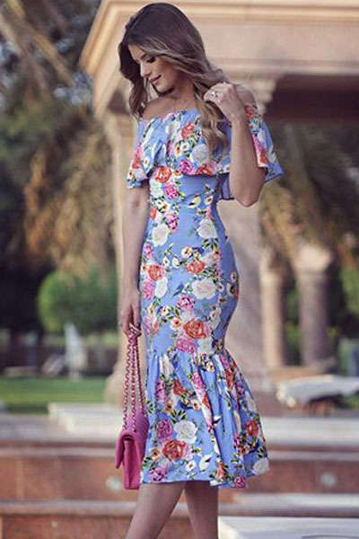 Blue With Floral Print Off Shoulder Mermaid Midi Dress Formal Cocktail Party Night Club Evening Wear