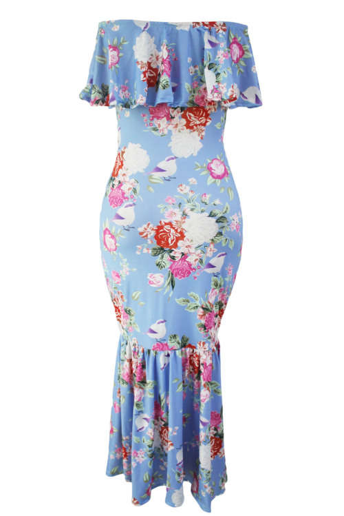 Blue With Floral Print Off Shoulder Mermaid Midi Dress Formal Cocktail Party Night Club Evening Wear