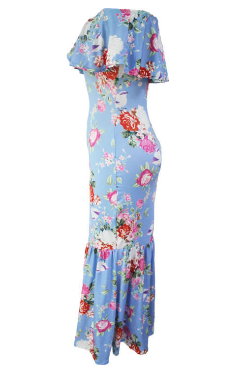 Blue With Floral Print Off Shoulder Mermaid Midi Dress Formal Cocktail Party Night Club Evening Wear