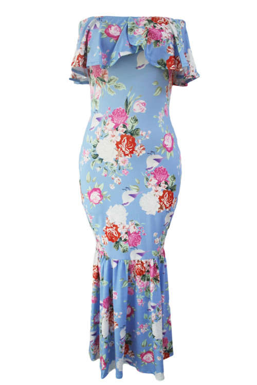 Blue With Floral Print Off Shoulder Mermaid Midi Dress Formal Cocktail Party Night Club Evening Wear