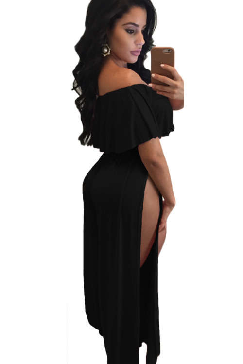 Black Ruffle off Shoulder High Slit Leg Jumpsuit