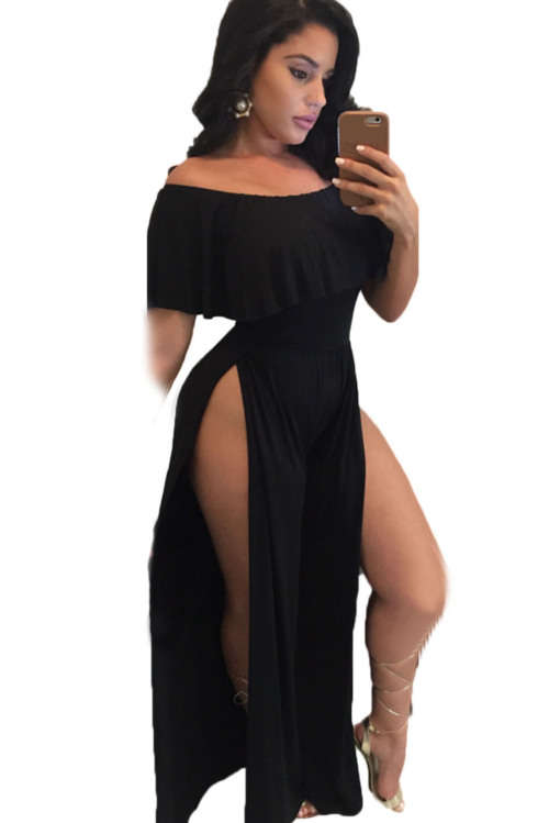 Black Ruffle off Shoulder High Slit Leg Jumpsuit