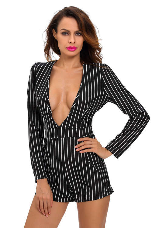 Black White Stripes Plunging V Neck Long Sleeve Romper Playsuit