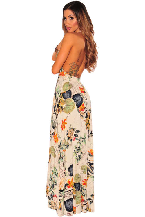 Cream Floral Print Maxi Skirt Overlay Deep V Neck Romper Playsuit