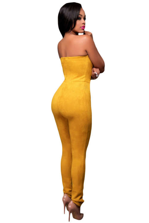 Yellow Lace Up Front Strapless Suede Feel Jumpsuit