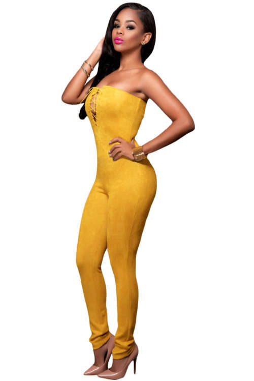 Yellow Lace Up Front Strapless Suede Feel Jumpsuit