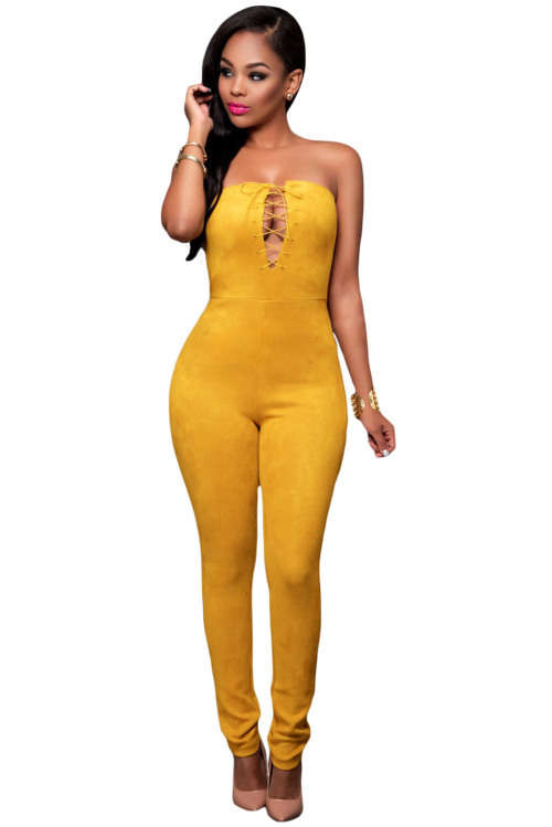 Yellow Lace Up Front Strapless Suede Feel Jumpsuit