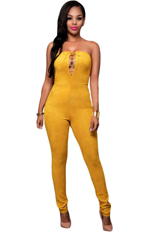 Yellow Lace Up Front Strapless Suede Feel Jumpsuit